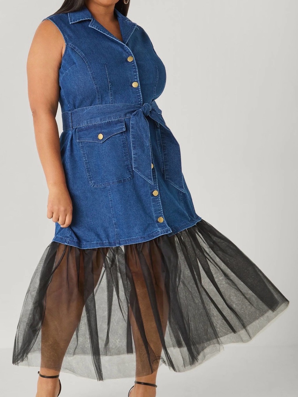 Ashley Stewart Blue Denim Sleeveless Button-Front Dress with Black Tulle Hem